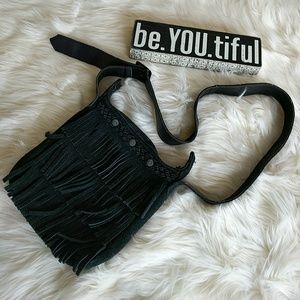 Minnetonka Black Suede Leather Fringe Crossbody